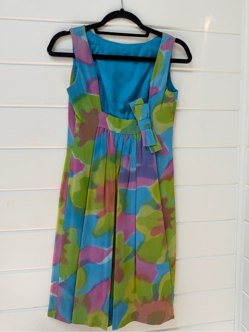 Vintage 60s Surreal Watercolor Dress with Teal Satin Lining | XS